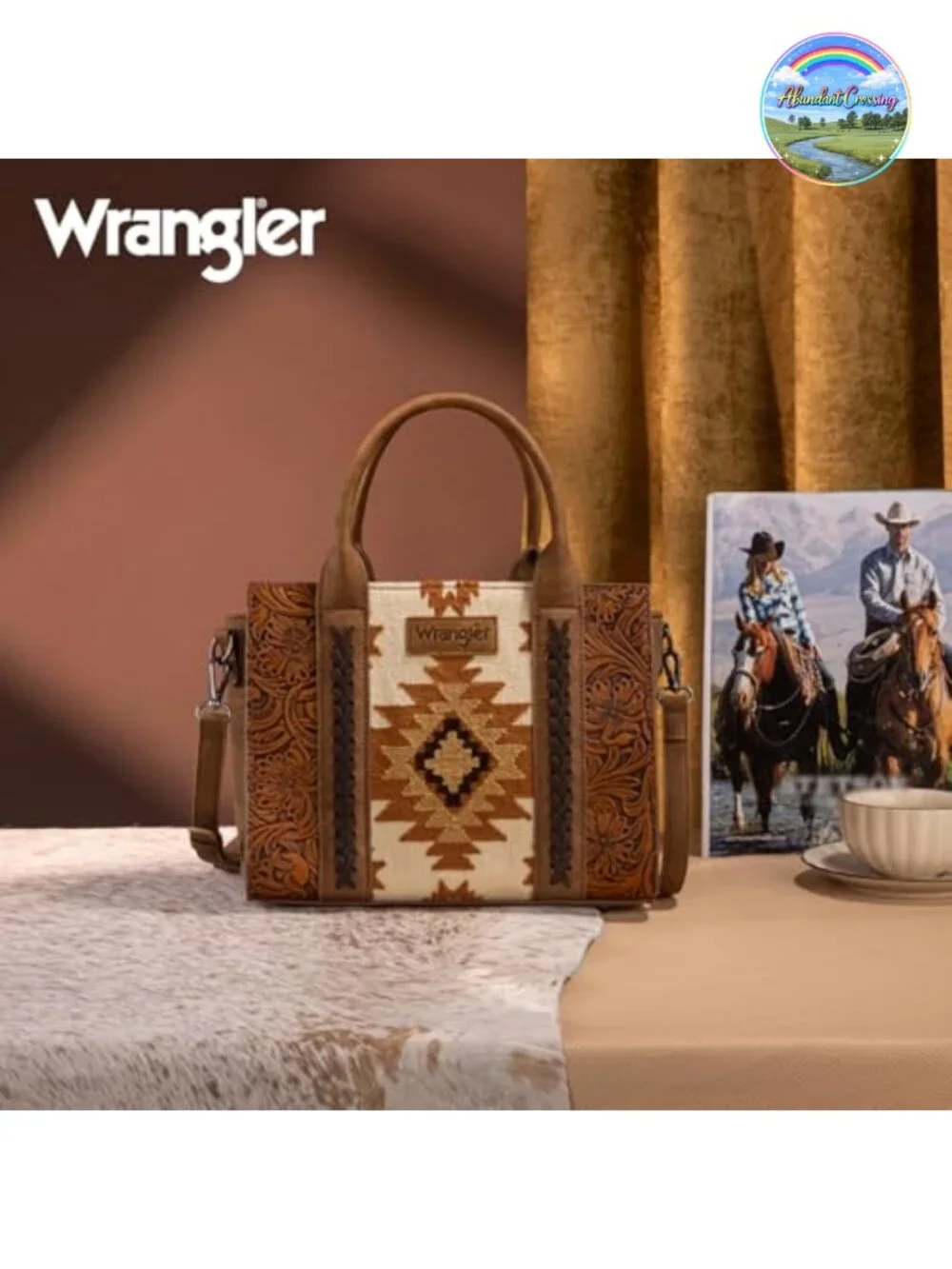 Western Tote Bag with Aztec Tapestry & Genuine Leather